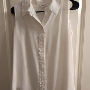 Calvin Klein Cream Sleeveless Lace-Trim Button Front Blouse